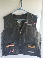 Biker Vest Diamond Plate Buffalo Leather Motorcycle USA Flag Eagle 14 Patches