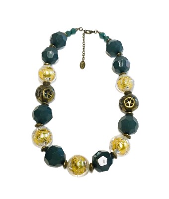 Etsu Green Beaded Chunky Statement Gold Tone Necklace Foil Etched 18'' Fashion