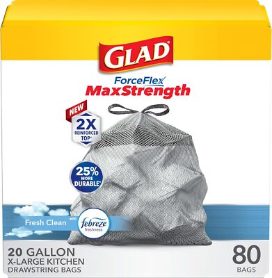 Glad ForceFlex MaxStrength Kitchen Drawstring Trash Bags, 20 Gal, Fresh Clean, 8