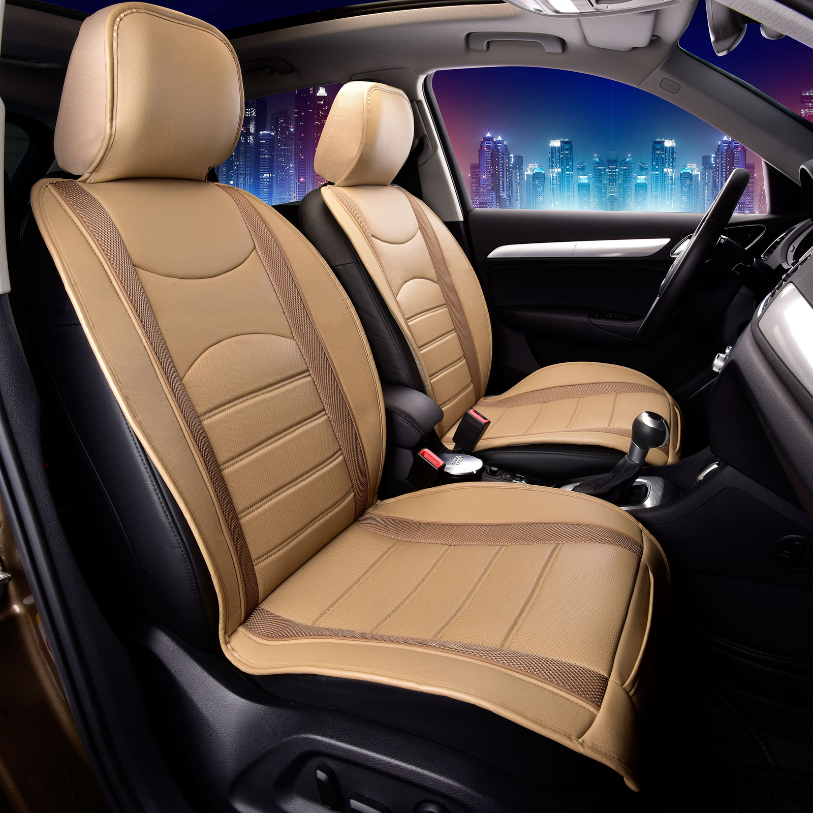 Leatherette Cushion Pad Seat Covers Front For Auto Car SUV Van Beige Brown