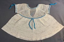 Handcrafted Cotton Crochet Baby Girl Dress Ivory Teal Ribbon