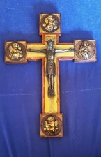 Antikes-Jesusfigur-Vintage Holz-Messing französisches Kruzifix–34,5x 25,5cm