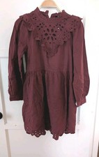 Madewell Burgundy Ruffled Flannel Mini Dress XXS XS  Eyelet long sleeve Holiday