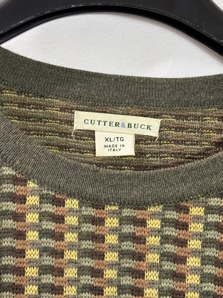 Cutter & Buck Mens XL Extra Fine Merino Wool Sweater Checkered Design Italy - Image 3 of 4