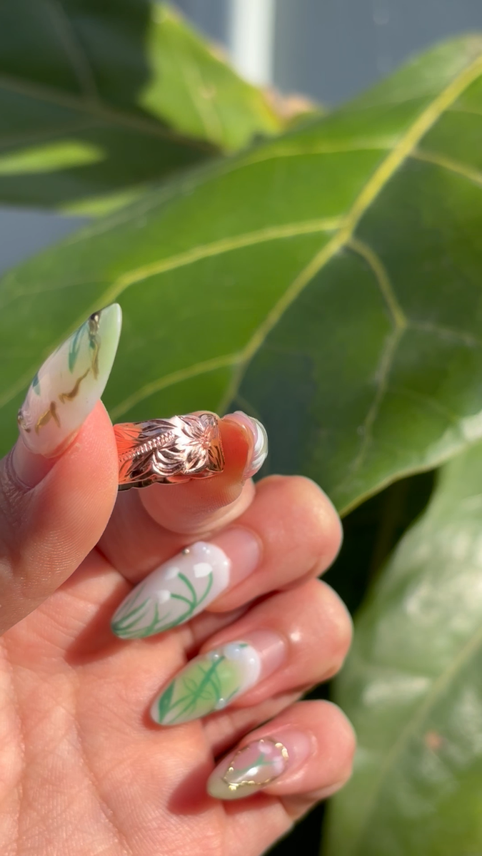 Hawaiian Silver Pink Gold Scroll Flower Cutout Edge Wedding Ring