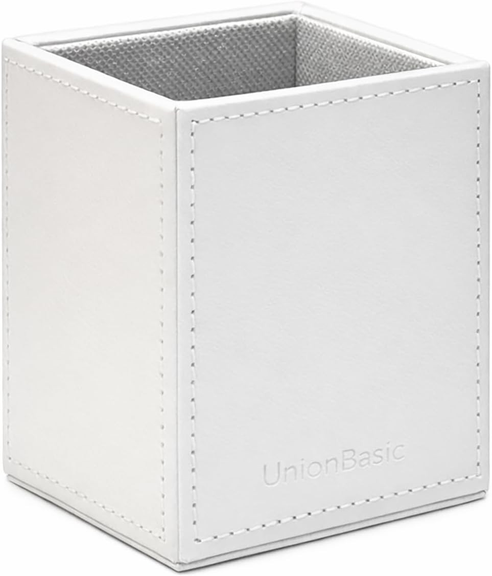Square Pen Holder Leather Pencil Cup Desktop Caddy Stationery Organizer White