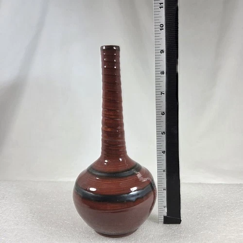Vintage 1946 Emilia Harald Studio Pottery Bud Vase Striped Glazed Signed Art