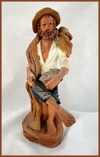 Vintage Italian Terracotta Figurine Hand Painted Signed Fisherman Peasant Folk