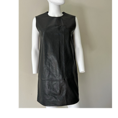 Saint Laurent Paris Black Leather Shift Dress Sleeveless Round Neck Zip 38