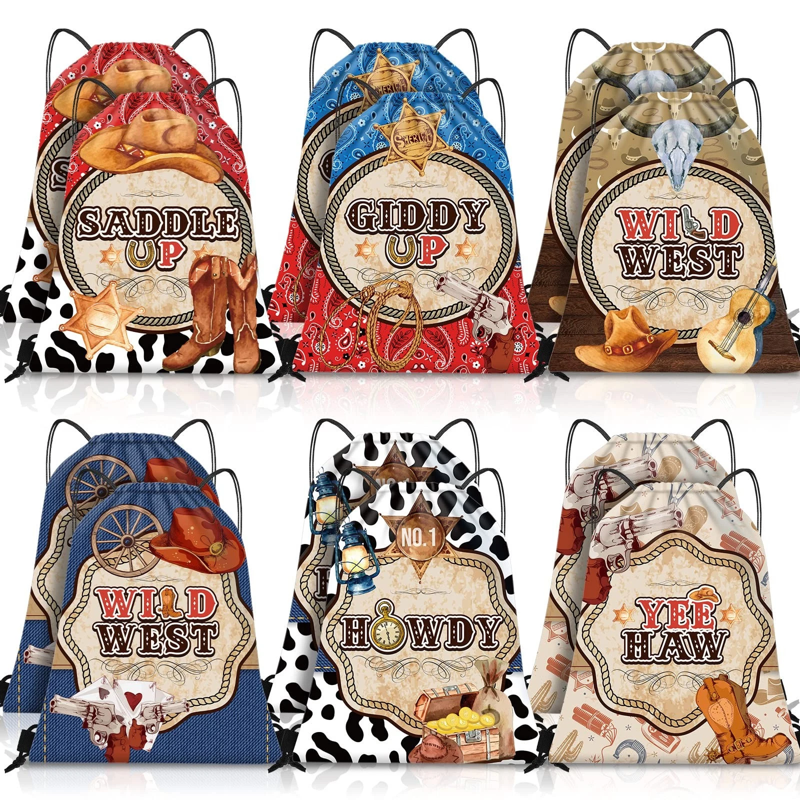 24 Pcs Cowboy Western Bag Drawstring Boot Hat Bags Cowgirl Wild Rodeo Backpac...