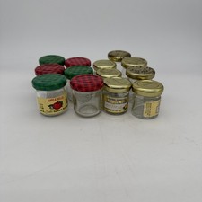 Lot Of 13 Empty 1 Oz/1.5 Oz Mini Glass Jam Jars With Metal And Plaid Lids Vtg