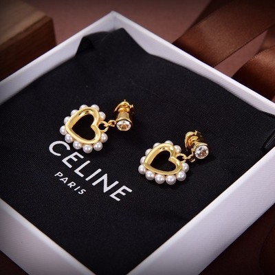 CELINE Women's Gold Heart Pearl Crystal Drop Earrings With Box.
