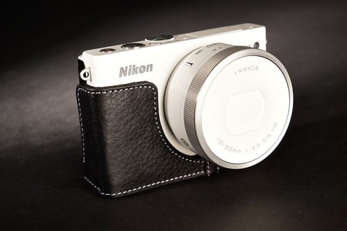 Echt Echt Leder Halb Kameratasche Tasche Hülle für Nikon J4 Boden offen schwarz - Bild 4 von 9
