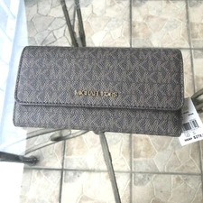 Michael Kors Brown MK Signature Trifold Clutch Credit Card Holder id Wallet Lady