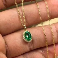 2 Ct Oval Cut Lab Created Emerald Halo Pendant Necklace 14k Yellow Gold Plated