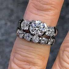 Three Stone Half Bezel Set Round Moissanite Wedding Ring Set, Stacking Band