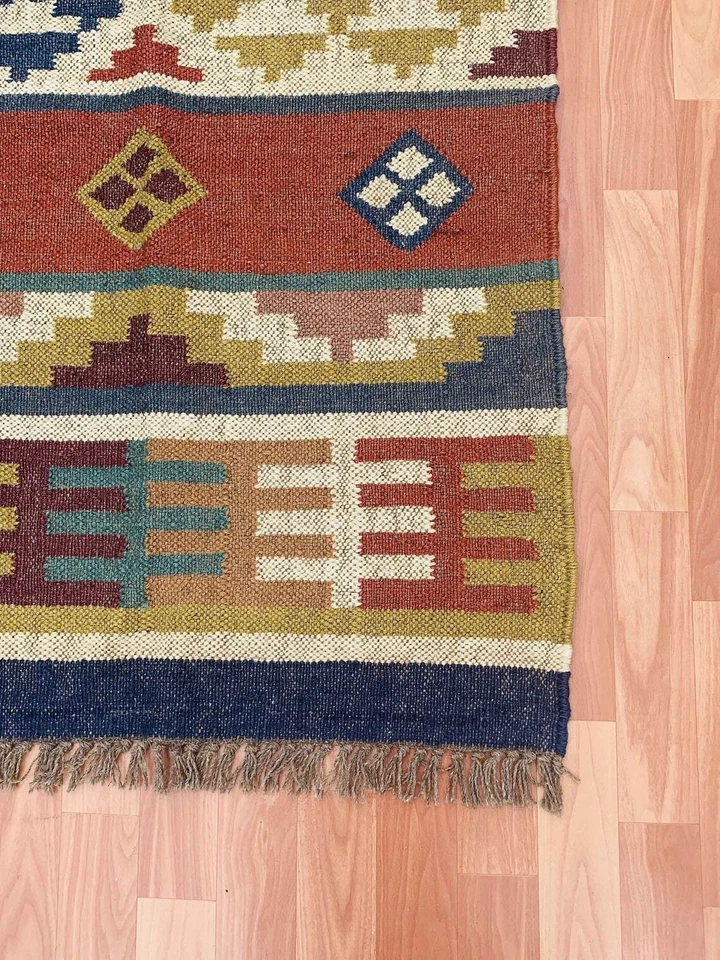 Runner Wool Jute Rug Hand Block Print Handmade Carpet Rug Bedside Home Decor Mat - Image 4 of 4