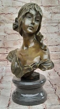 MAIDEN BUST BY FRENCH ARTISIAN MILO BRONZE ART DECO HOT CAST FIGURINE STATUE LRG