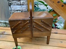 Vtg. A S Strommen Bruk Hamar Norway Fold Out Accordion Wood Sewing Box Accessory