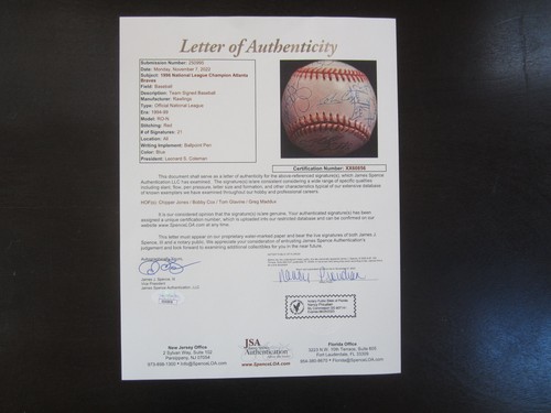 1996 Atlanta Braves Team Signed Baseball JSA Bobby Cox Tom Glavine Chipper Jones - Picture 12 of 12