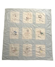 VTG Hand-Stitched Baby QUILT Blanket nursery Blue Animals Bunny Duck Cat Dog