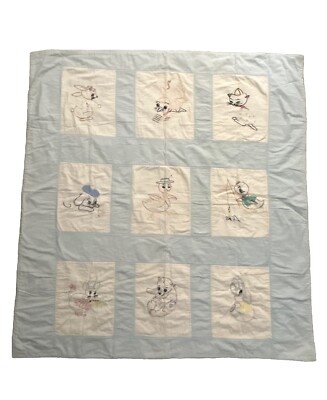 VTG  Hand-Stitched Baby QUILT Blanket nursery Blue  Animals Bunny Duck Cat Dog