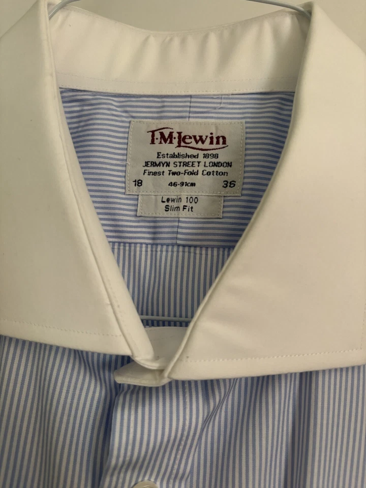 TM Lewin 18/36 Calce Ajustado Rayas Cielo Cuello Blanco Puño Francés Imprescindible Planchar Usado en Excelente Condición Foto 2 de 4