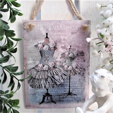 Deko Bild Hänger Holz Schild Vintage Shabby Schneiderpuppe Kleid Korsett Rosen