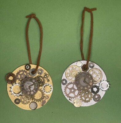 Steampunk Gold and Silver SET OF 2 Round Christmas Ornament for Tree w Gears