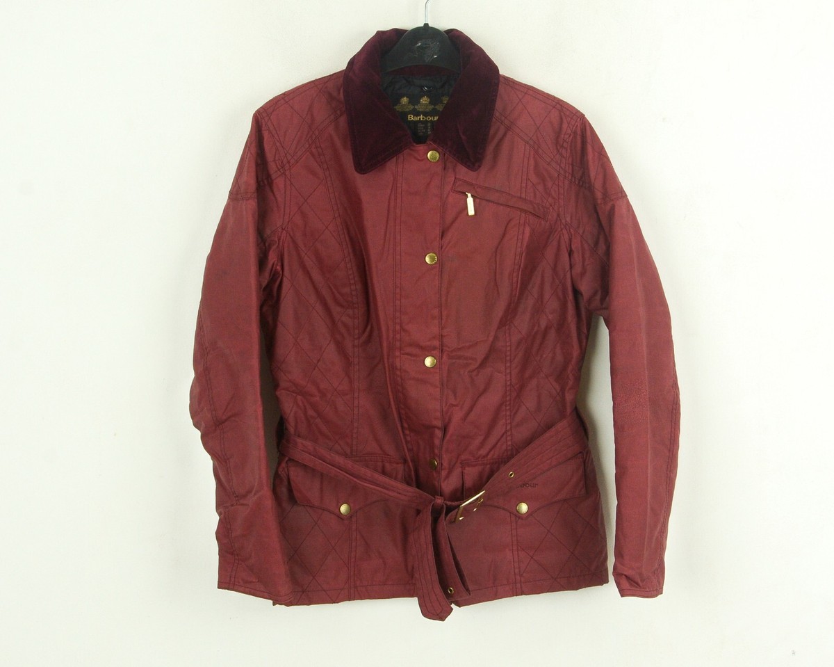Barbour Women's UK 14 Waxed Cotton Jacket Burgundy Belted EU 40