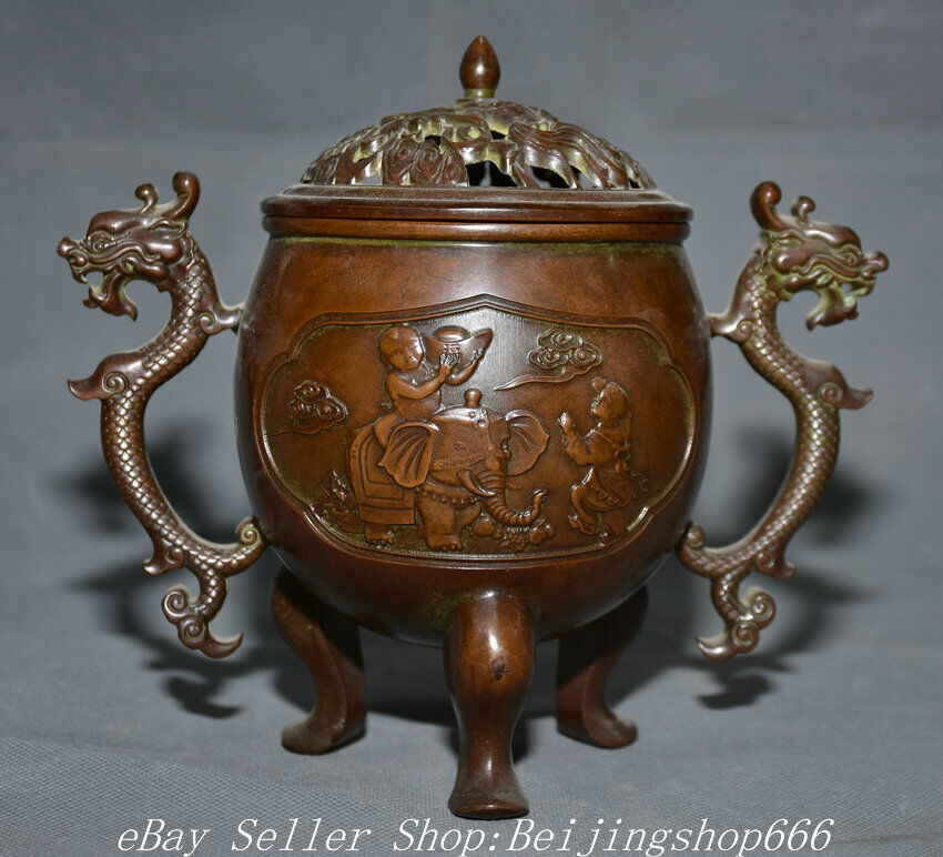 7.6" Marked Old Chinese Bronze Dynasty Figure Elephant Dragon Ear incense burner