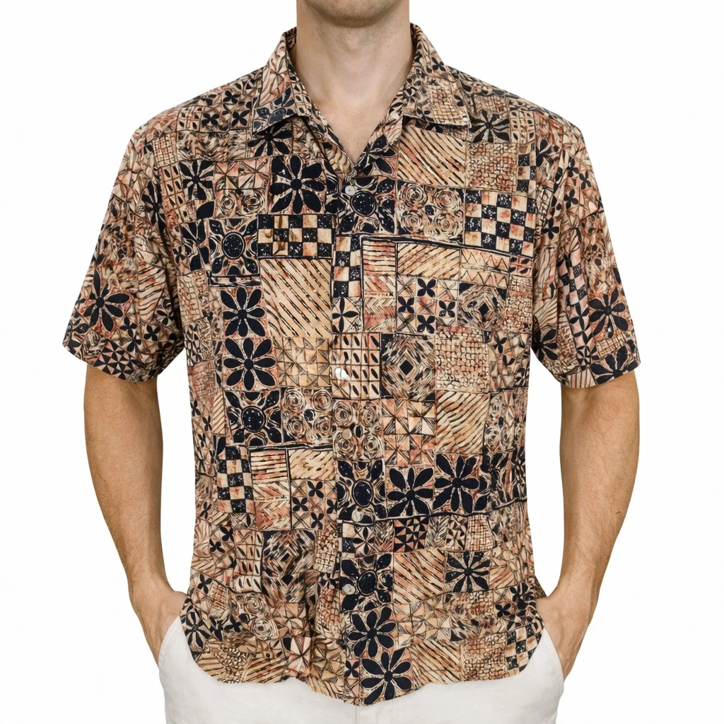 Tori Richard Hawaiian Aloha Shirt Large Tribal Symbols Floral Brown Black