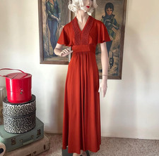 Vtg 70s Burnt Orange Maxi Dress Boho Smocked Prairie Flutter Sleeve Gown M