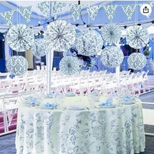 19 Pcs Chinoiserie Decoration Set Blue/White Paper Laterns, Banner, Flag