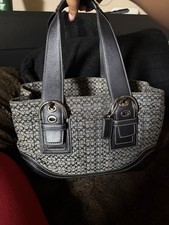 Coach Black Gray Shoulder Bag Logo Accent Zip Closure Double Handles Women