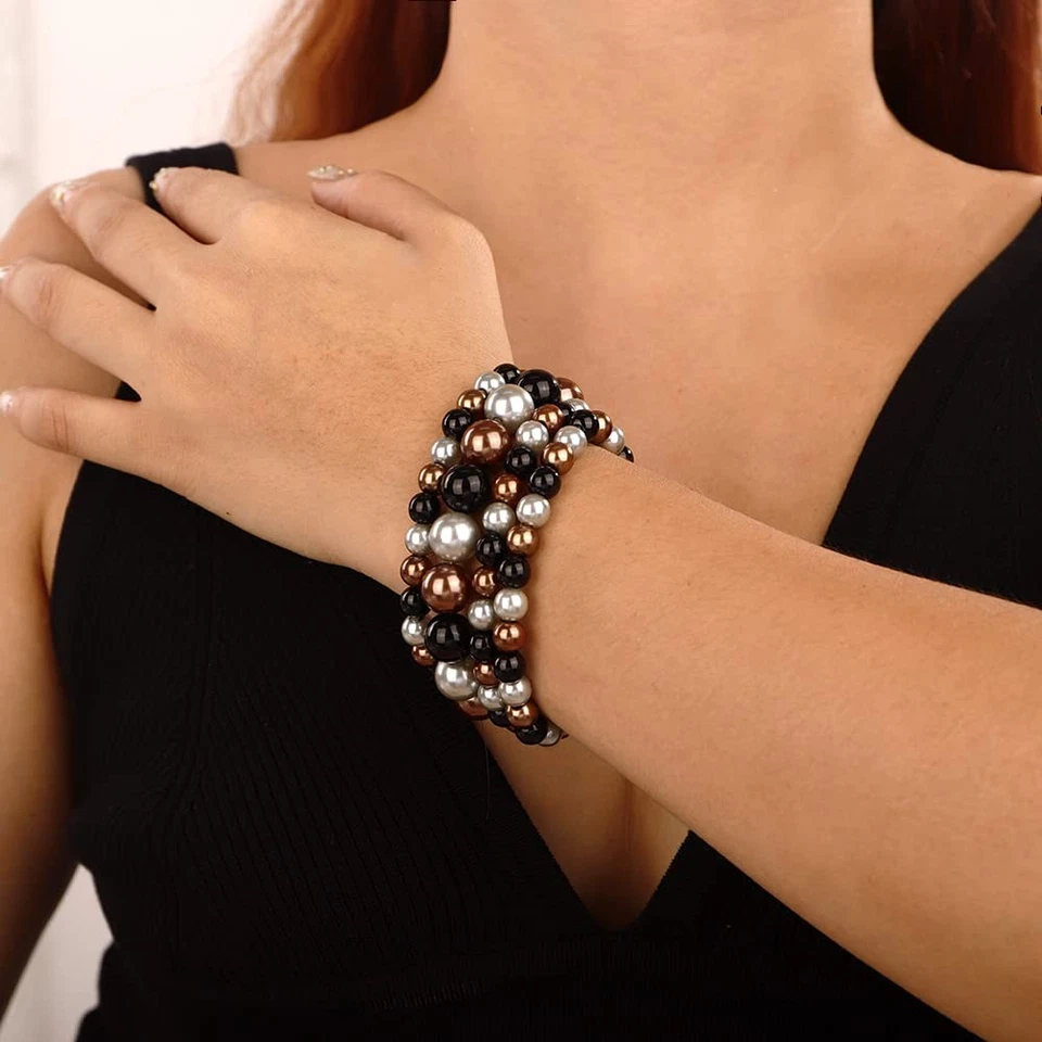 Juego de 4 brazaletes elásticos elásticos con cuentas negras cristalinas para mujer Foto 4 de 4