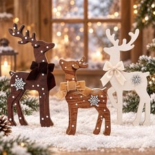3 Pcs Wood Reindeer Christmas Table Decor, Green, Brown...