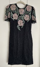 Scala Vintage Beaded Dress Pink Peach Green Flowers On Black Open Back