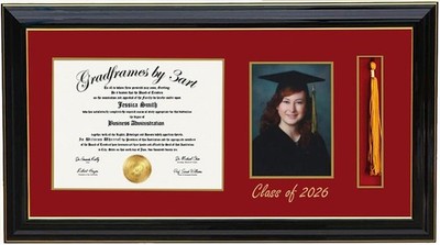 Wood Diploma Frame with 5x7 Photo & Tassel Holder Personalized Black/Red H 8x10
