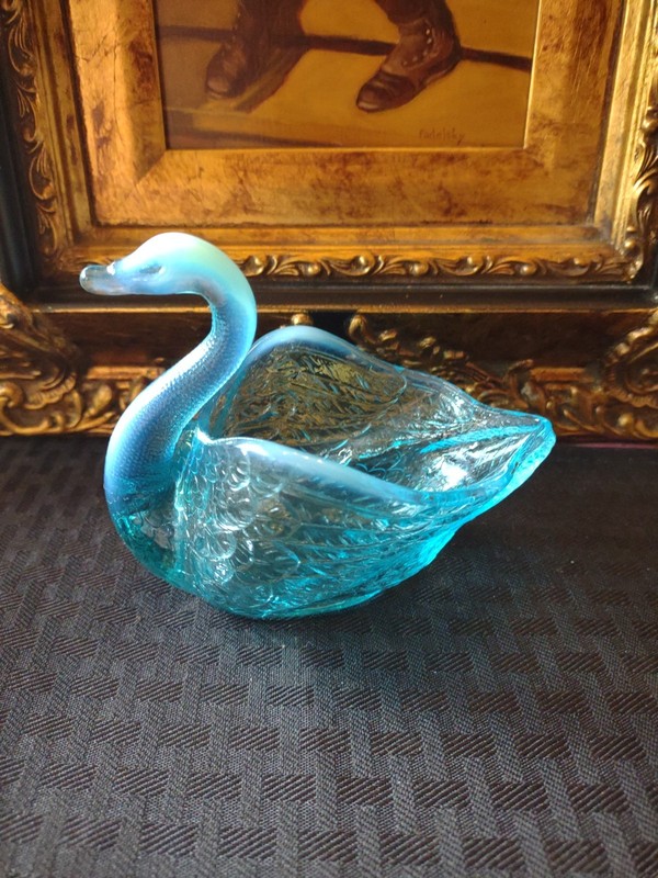 Vintage Blue Opalescent Art Glass Swan Trinket Dish/ Creamer 