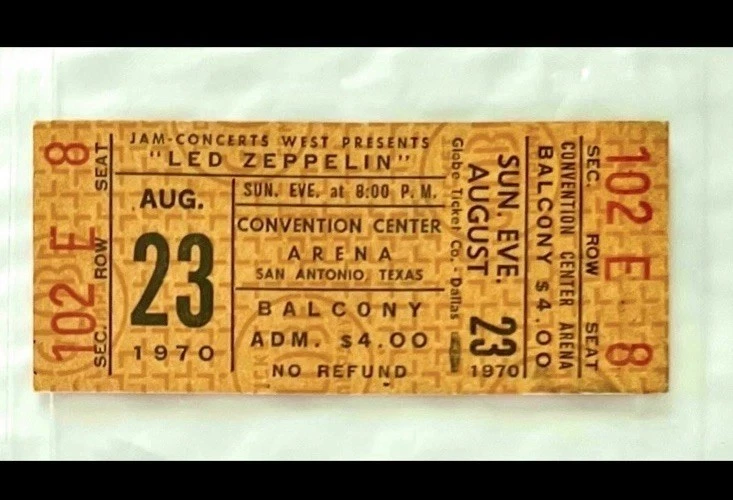 RARO LED ZEPPELIN SIN USAR🎟️8/23/70 CENTRO DE CONVENCIONES San Antonio TX “JIMMY PAGE” Foto 3 de 4