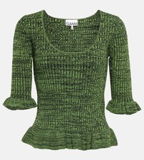 Ganni Flounce Blouse - XXS (6 AU / 2 US) Ribbed knit top in Kelly Green