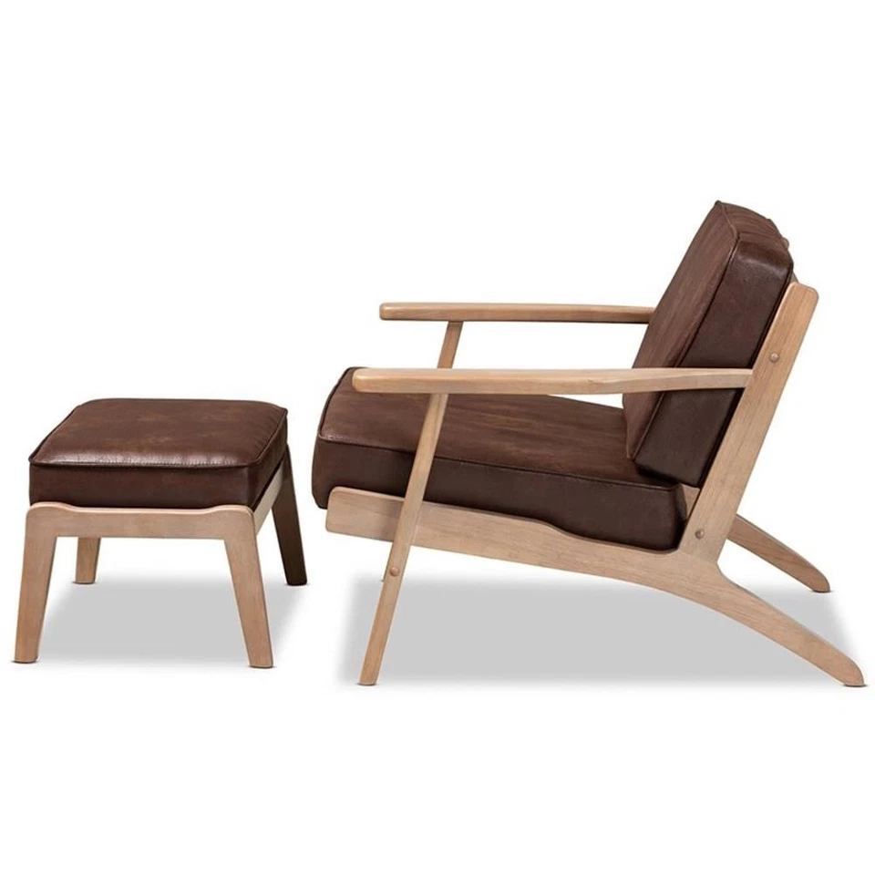 Juego de sillón y otomana Baxton Studio Sigrid marrón oscuro imitación cuero roble Foto 4 de 4