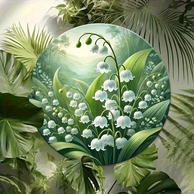 Vintage Floral Green Foliage White Flowers Round Metal Wall Art