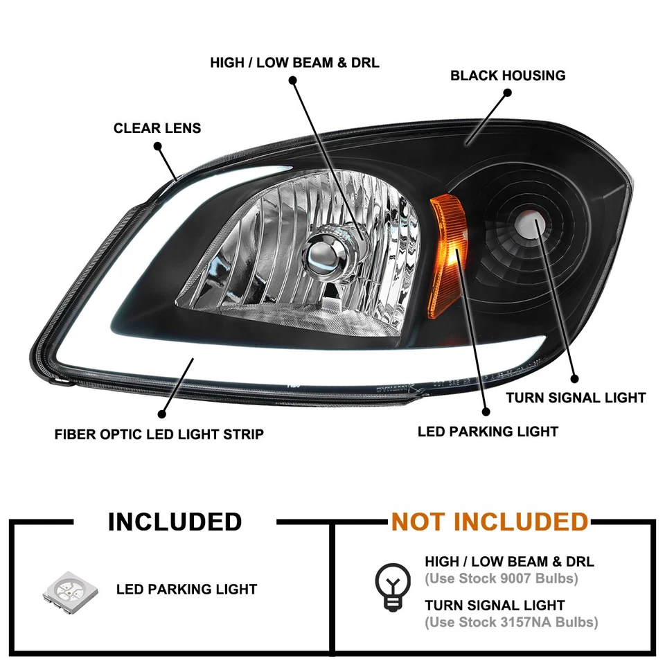 Fits 2005-2010 Chevy Cobalt 07-09 Pontiac G5 Black LED Tube Headlights Head Lamp Foto 3 de 4