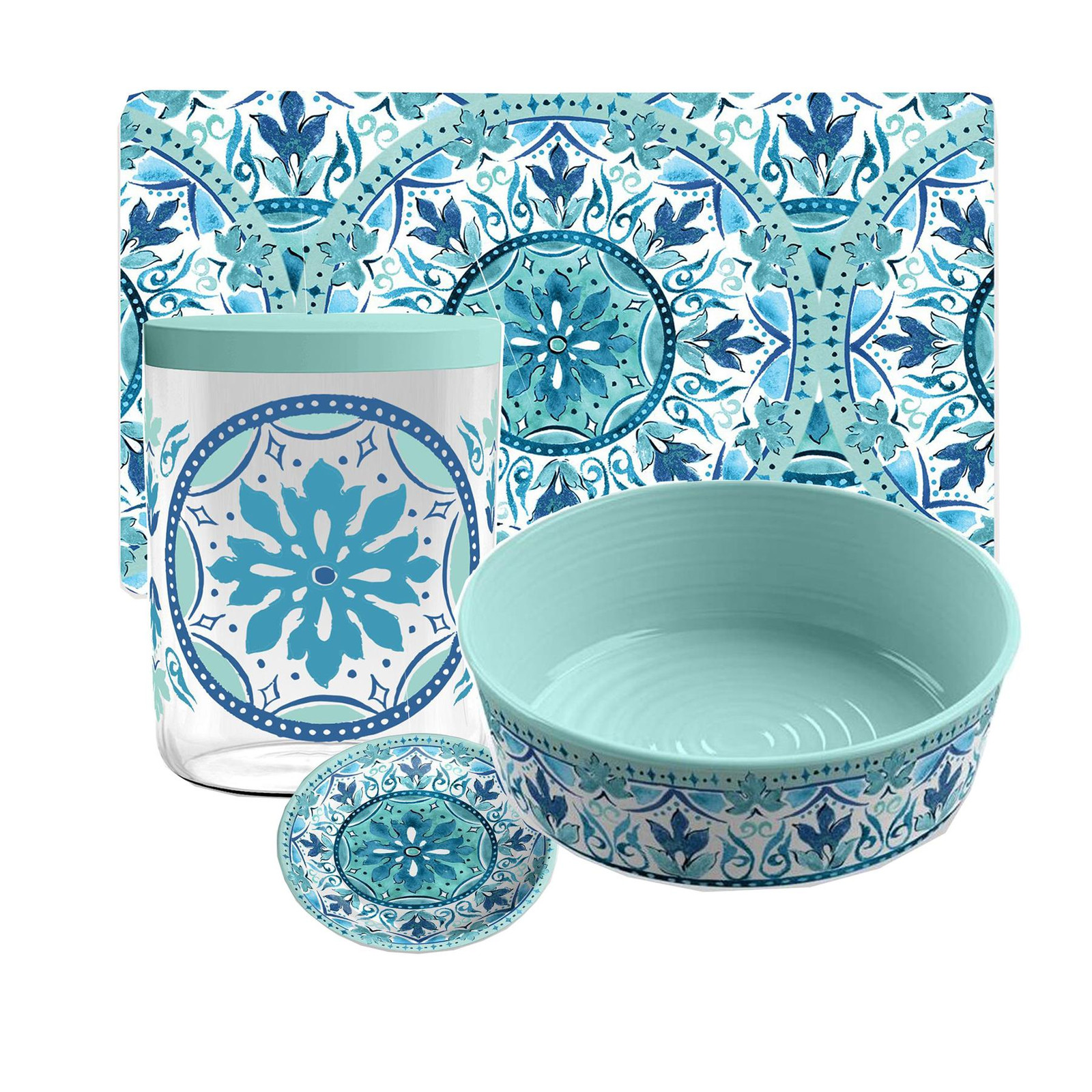 Gibraltar Melamine Large Pet Feeding & Treat Set - 4 Piece Blue Floral Pets Set