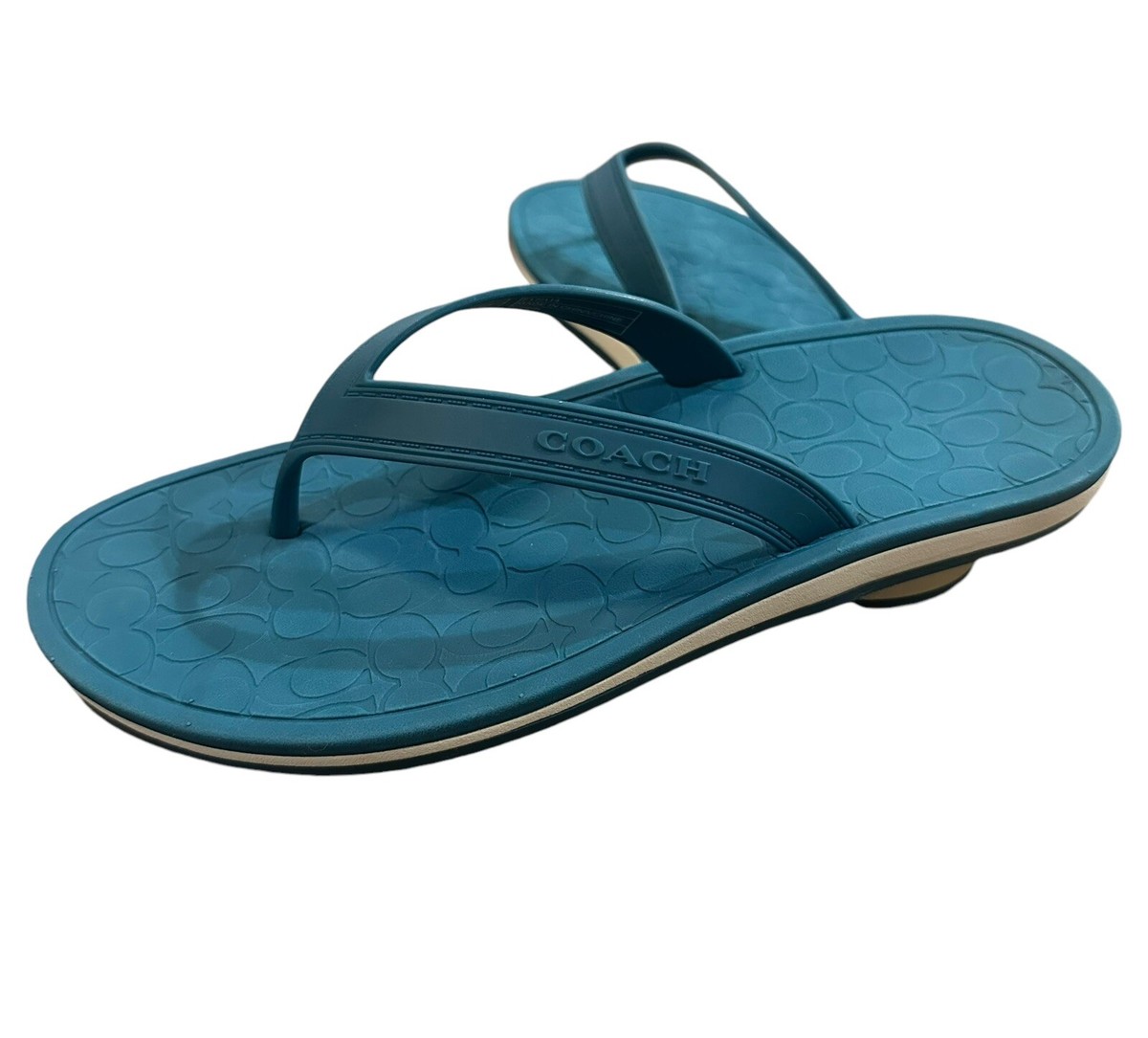 Coach Logo Flip Flops Sandals Rubber Slides Teal Blue Women's Size