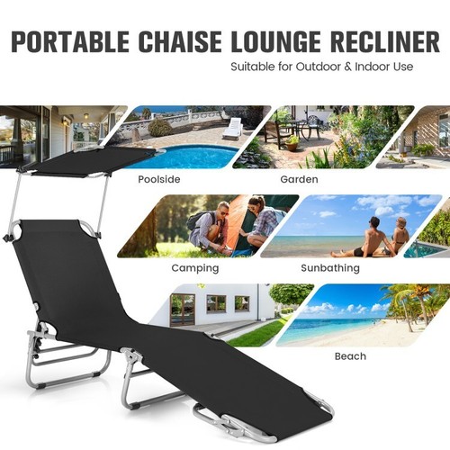 Foldable Sun Shading Lounge Chair Adjustable Beach Sunbathing Recliner W/ Pocket - Picture 8 of 12