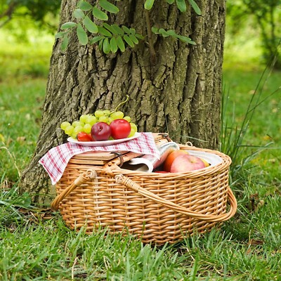 Wicker Picnic Basket with Liner, Wooden Split Lid Picnic Basket
