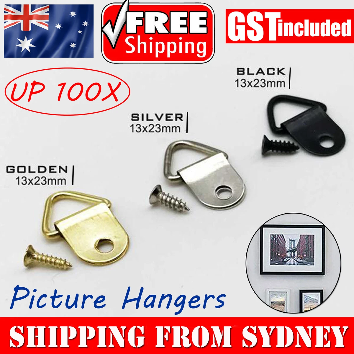 UP 100X D-Ring Hanger Triangle Hanging Hooks + Screw for Painting Picture Frame